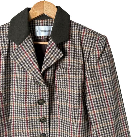 Vintage 100% Wool Tweed Fitted Blazer Jacket in Brown Tan Houndstooth Plaid, 8 - Picture 5 of 13